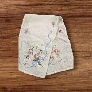 Handmade Floral Embroidered Linen dresser  scarf doily  runner Farmhouse